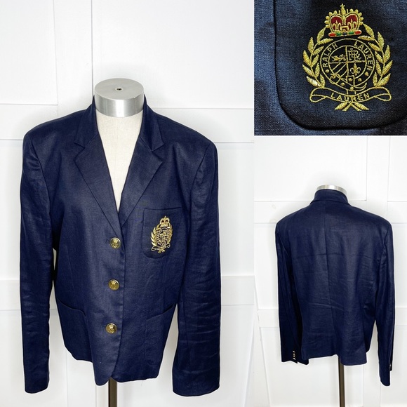 Ralph Lauren Jackets & Blazers - Ralph Lauren Crest Crown 100% Linen Blazer Navy